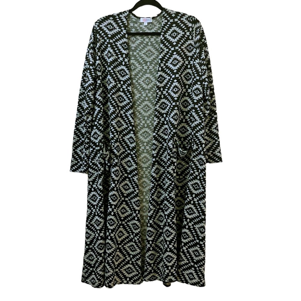 LuLaRoe Sarah Cardigan Duster Gray Black Aztec Tribal Print L